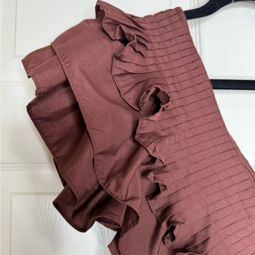 Entro Ruffle Pleated V-neck Mini Babydoll Dress Size L Chocolate Brown - Picture 5 of 11